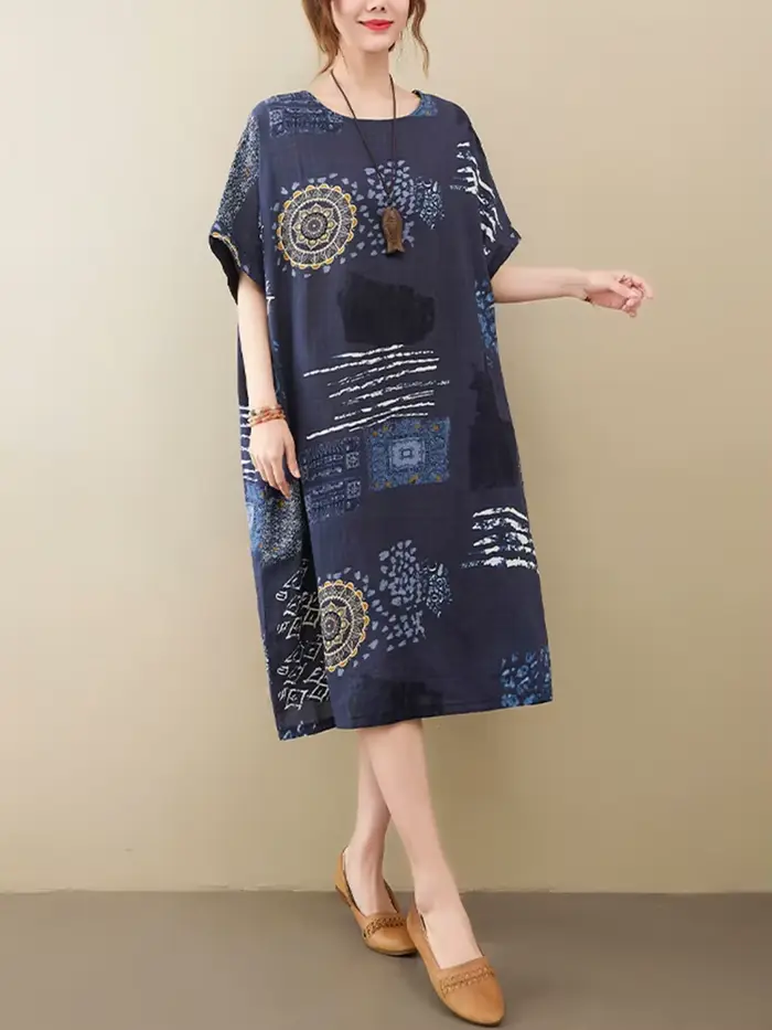 Robes d'été décontractées mi-longues en coton et lin à imprimé vintage pour femmes 2026 – Nouvelle c