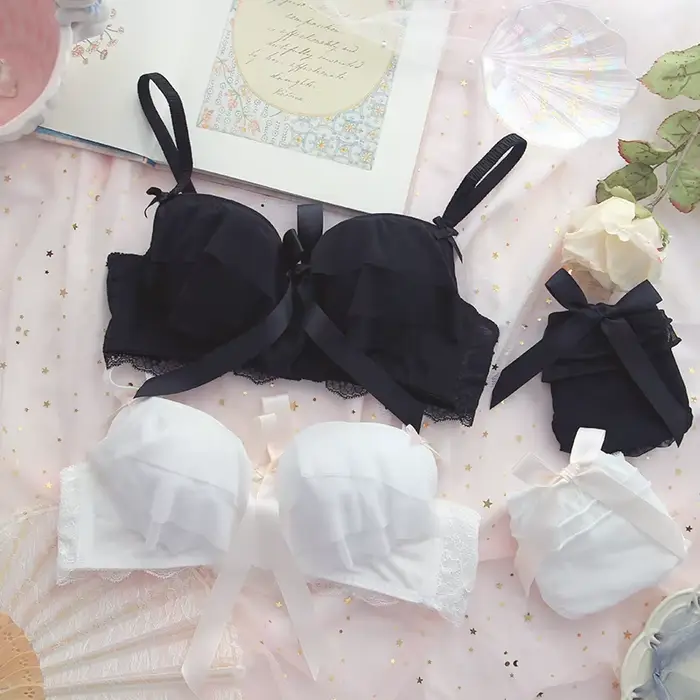 Japonská ruffled podprsenka a nohavičky set, roztomilý študent spodné prádlo set, Kawaii Lolita podprsenka, ružová spodná bielizeň podprsenka