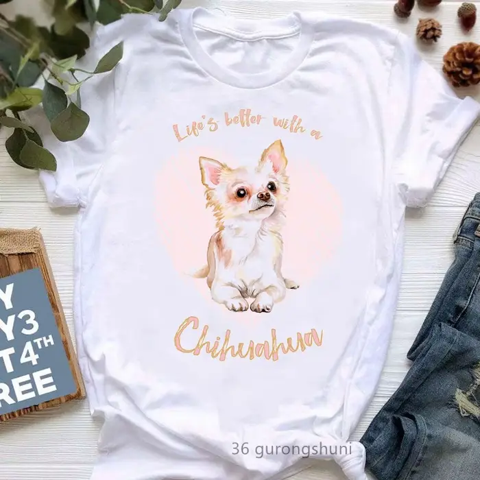 T-Shirt blanc pour Femme, avec un graphique imprimé, Chihuahua, Harajuku, Kawaii