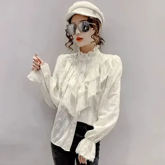 Voľné dlhé rukávy jarná módna gombíková biela elegantná blúzka so stojačikom a riasením