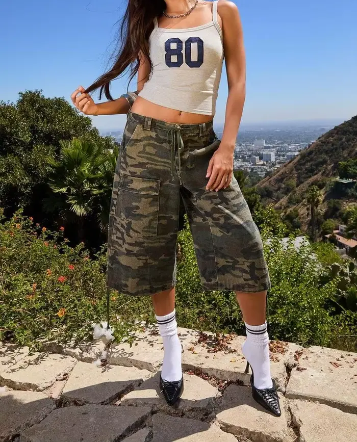 Nová letná móda pre ženy Cargo šortky ležérne s kamuflážnou potlačou voľné so šnúrkou krátke nohavice pre Club Streetwear