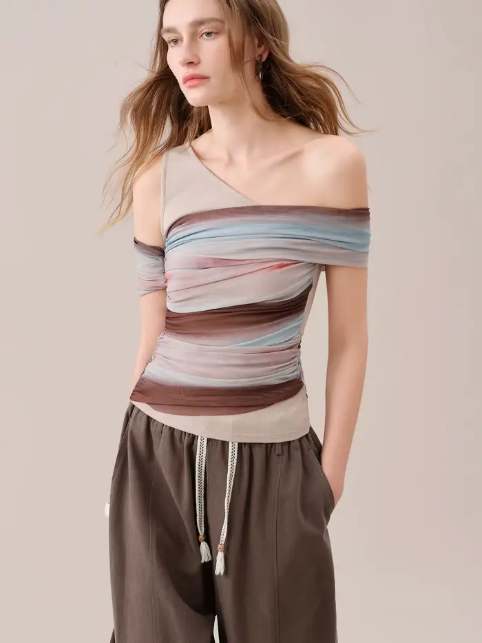 FSLE【Série Premium】T-shirt en tricot à col asymétrique et manches courtes pour femme, style rétro ét