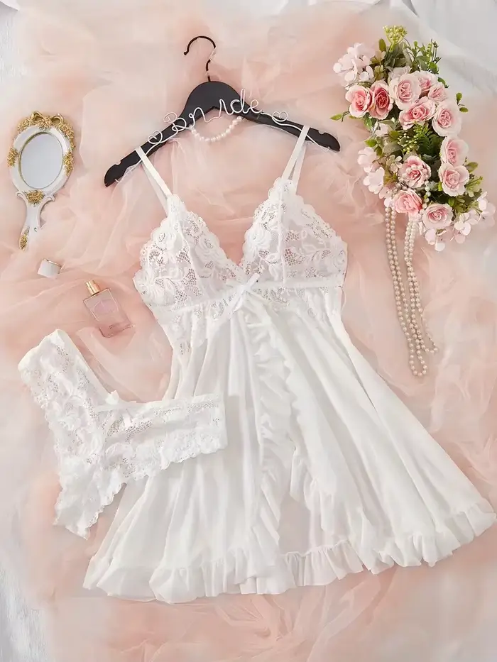 Ružová dámska sada, Sexy Tanga spodná bielizeň, Teddy nočná košeľa, Vynikajúce dámske pyžamo, V-Neck s nohavičky, 2-dielna sada, nočná košeľa