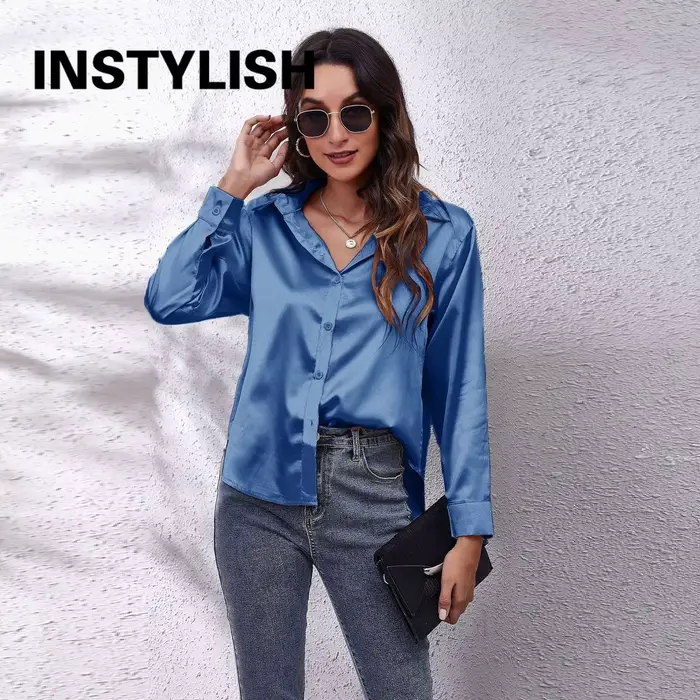 Chemise en satin élégante pour femmes, chemisier décontracté à manches longues en fausse soie, haut 