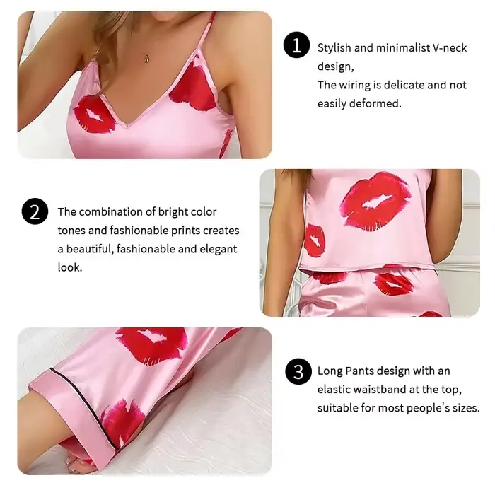 Jules tlačené saténové pyžamo set pre ženy, V-neck top a elastické nohavice, pohodlné pyžamo, nočné oblečenie