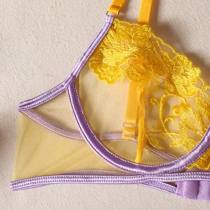 Ensemble intime féminin à broderie florale transparente pour femmes, lingerie sexy et romantique pour occasions spéciales
