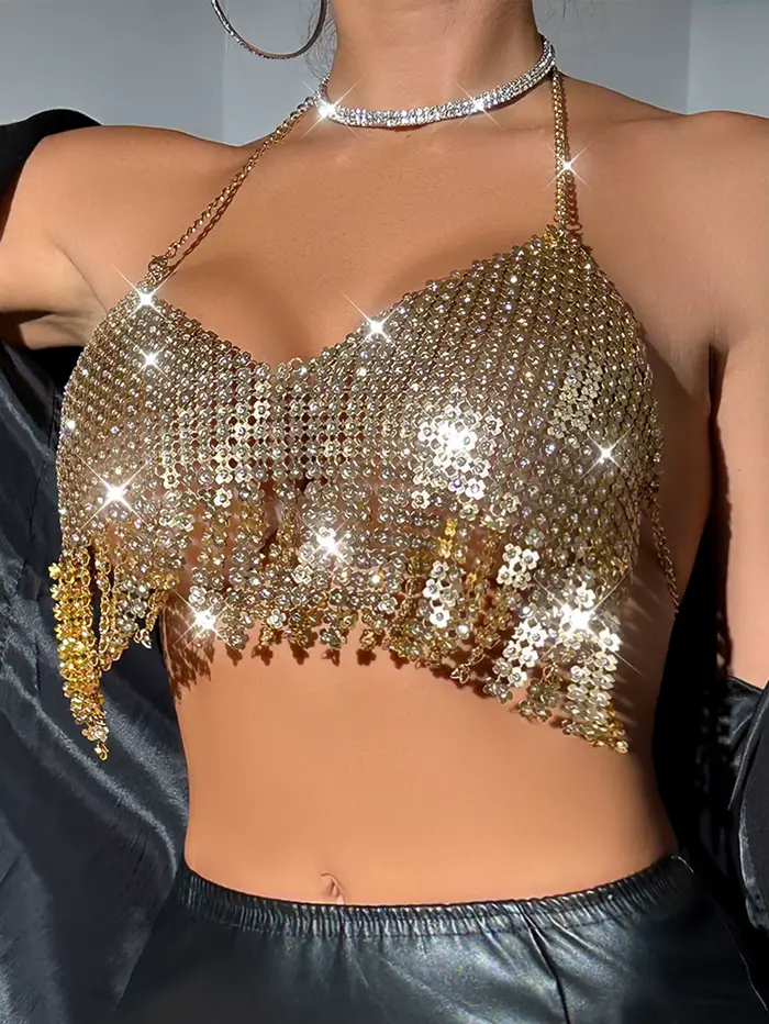 Crop top transparent en métal pour femmes, débardeur à sequins, licou d'été, Y2K Streetwear, Club Be