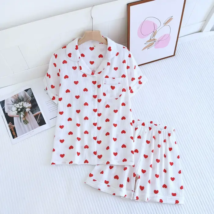 Pyjama doux pour femmes, ensemble de vêtements d'été en pur coton frais à manches courtes, mignon, p