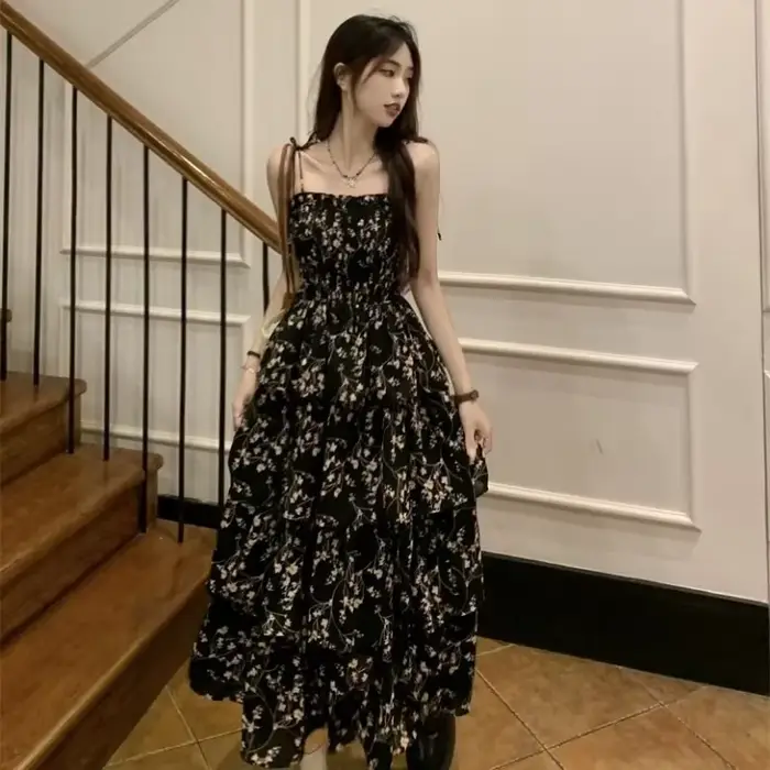 Robes mi-longues sans manches pour femmes, imprimé Floral, conçu français élégant, douce fille féeri