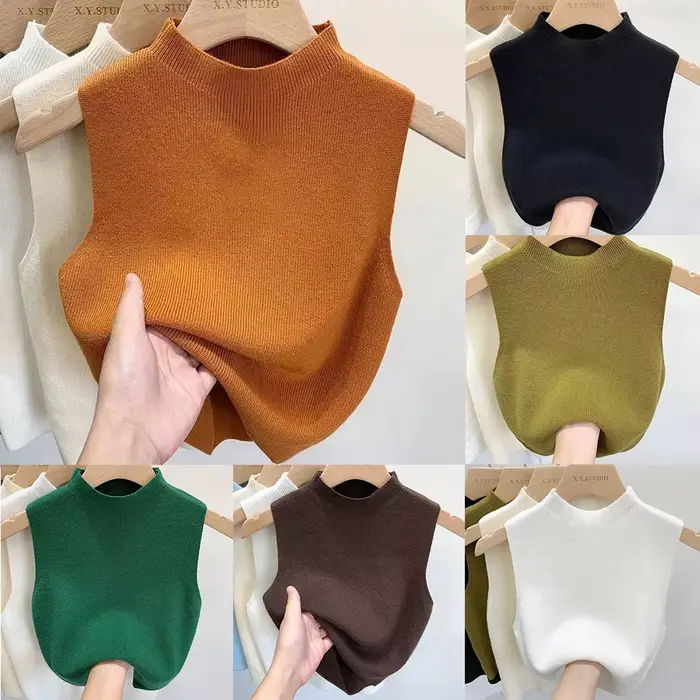 Dámske tričko bez rukávov jednofarebné pletené crop top camisole polovičný rolák jar jeseň