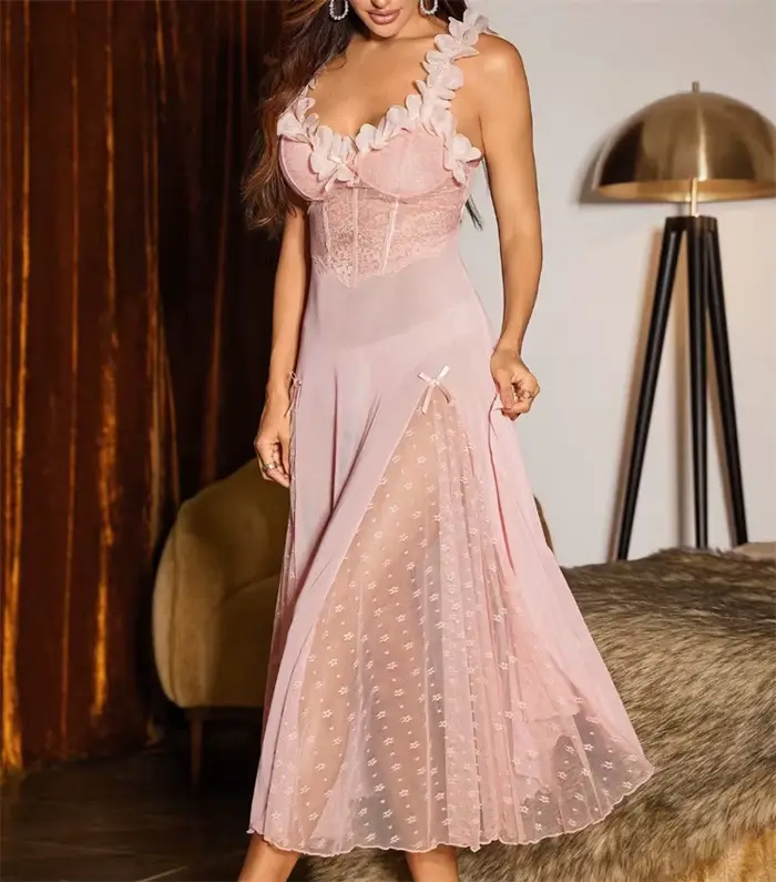 Dámska nočná košeľa s popruhmi, v polka dot oka, s víla luk, dlhý, pyžamový štýl, okvetné lístky, V-neck, bez chrbta, sexy