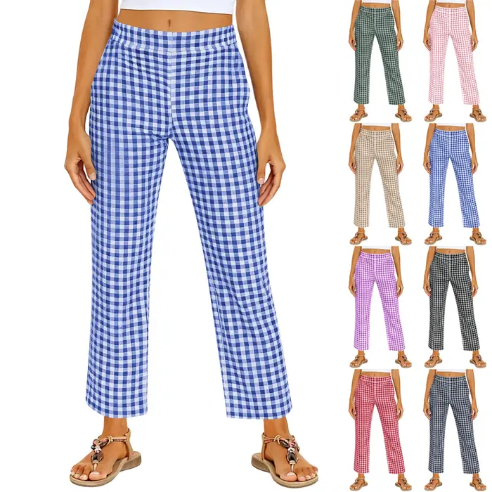 Pantalon décontracté à jambe droite à taille élastique en vichy pour femmes, à porter au quotidien, 