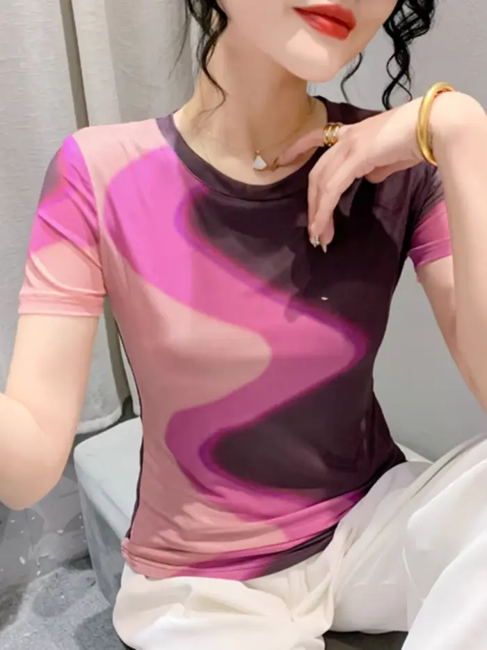 T-shirt à manches courtes et col rond pour femme, haut moulant, élégant, en maille imprimée, été, BH
