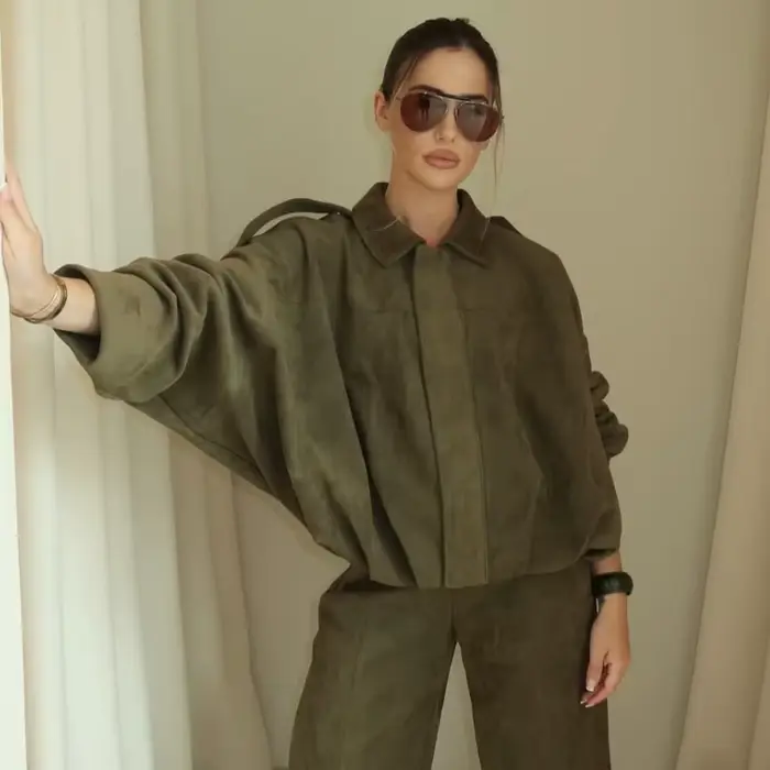 HXAO femmes Bomber veste revers fermeture éclair manches longues veste en daim femmes 2025 haute rue