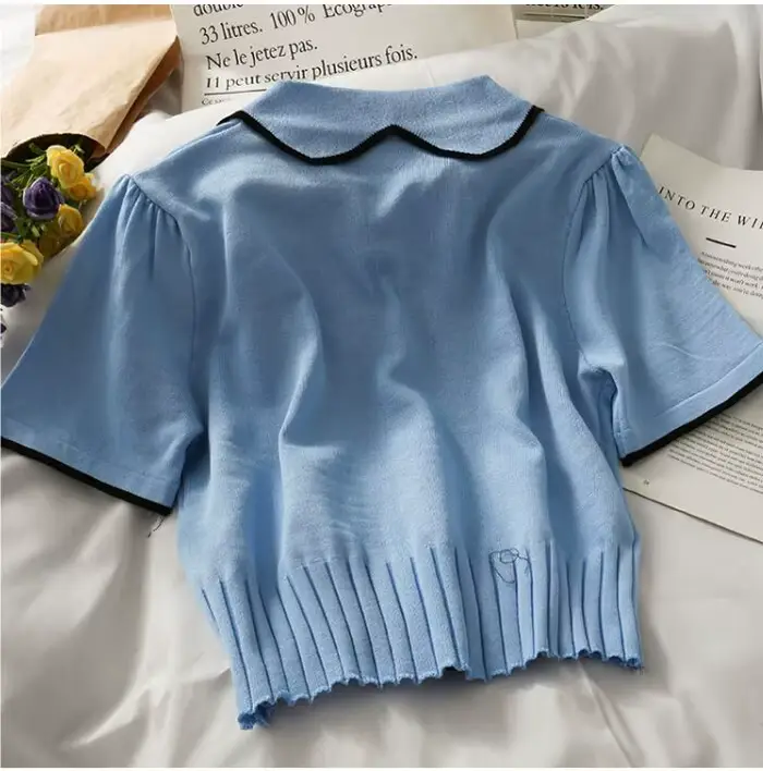DAIZHIYUE junior krátke tričko s patchwork pre ženy štýl streetwear leto 2024 pletený polyester viskóza slim fit nafúknutý rukáv