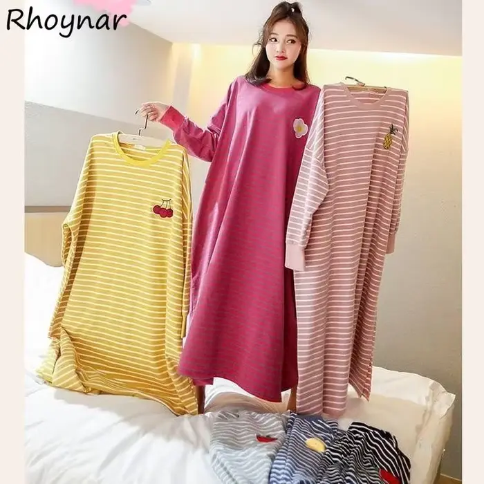 Dámska nočná košeľa M-5XL jesenné dlhé rukávy oplachovanie pruhované dĺžka Preppy mn teenageri Kawaii voľný domáci nočný odev pohodlná móda