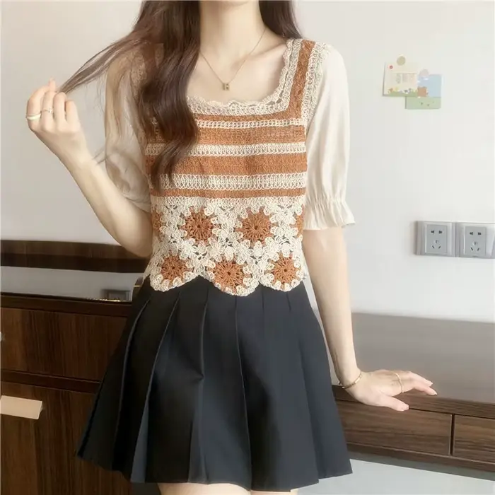 Chemisiers à manches courtes bouffantes pour femmes, tenue de loisirs assortie, en dentelle droite, 