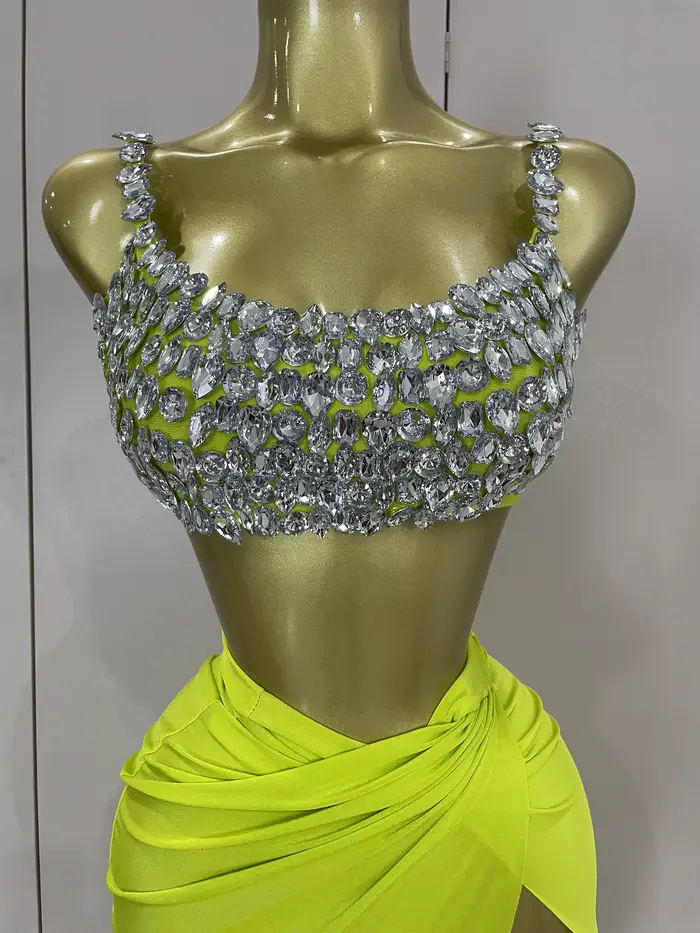 Ensemble deux pièces Sexy avec diamants en cristal scintillant pour femmes, Costume de spectacle sur