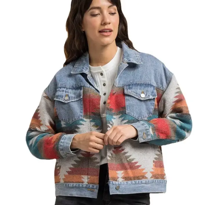 Manteau pull en jean patchwork ample à revers et manches longues, style rétro, pour femme, collectio