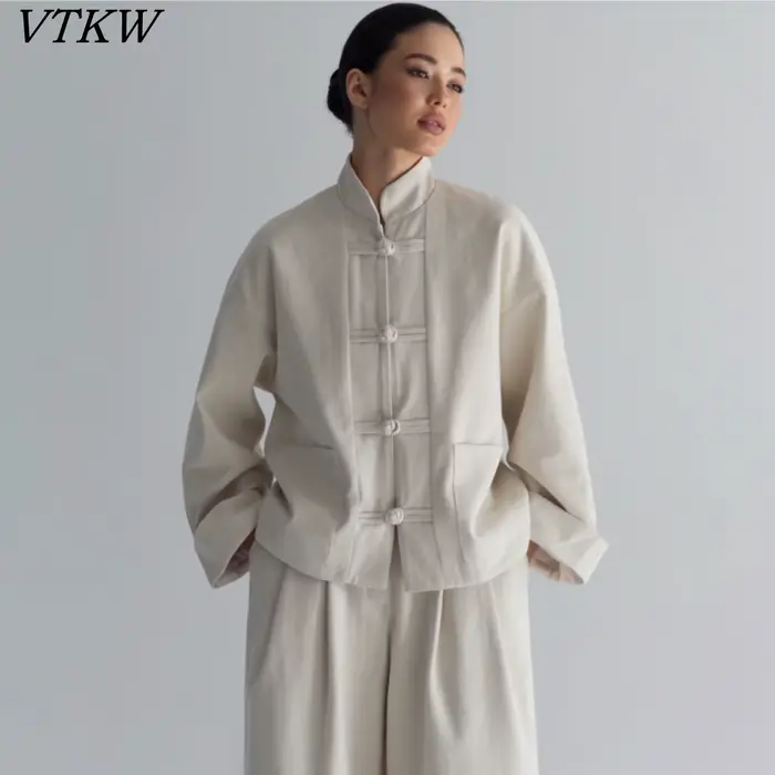 VTKW 2026 Nouvel ensemble veste et pantalon pour femme style chinois, col mandarin, boutons grenouil