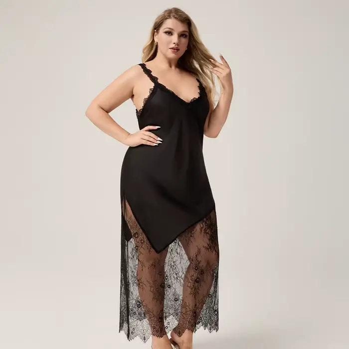 Čierne letné nočné oblečenie Sexy veľká čipka lem nočná košeľa pre ženy dlhá