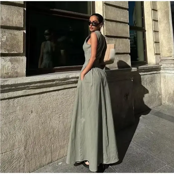 MUJER 2025 robes longues drapées pour femmes fermeture éclair sans manches robe Maxi femme vacances 