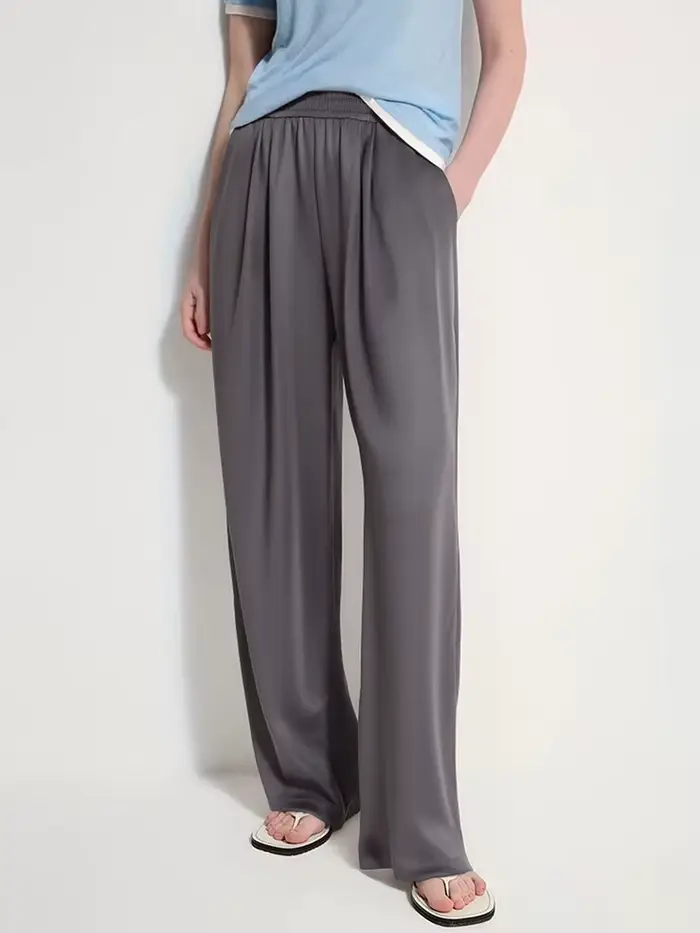 Pantalon large en satin de luxe pour femmes, pantalon avec poches, pantalon noir pour femmes, pantal