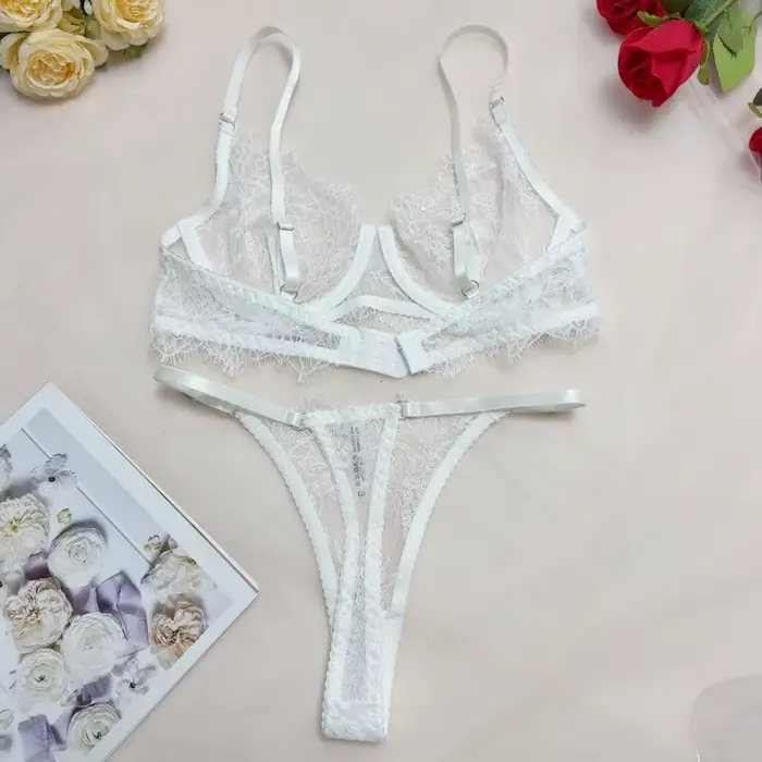 Sexy dámske spodná bielizeň nastaviť v ultra tenkej pletenej čipky s nastaviteľnými kosticami a popruhy pre ženy špeciálne príležitosti