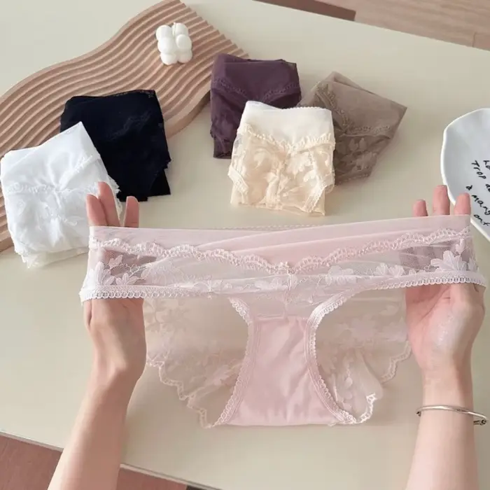 Culottes en dentelle à fleurs en maille, taille basse, respirantes, style français transparent pour femme