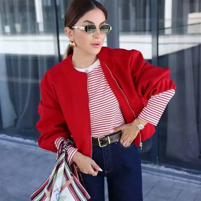 MUJER červená zipsová bomber bunda pre ženy mäkká skrátená