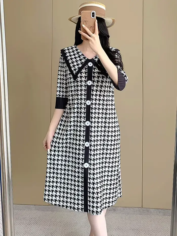 Miyake – robe pliée à carreaux rétro pour femmes, nouvelle robe Maix haut de gamme, âge réduit, col