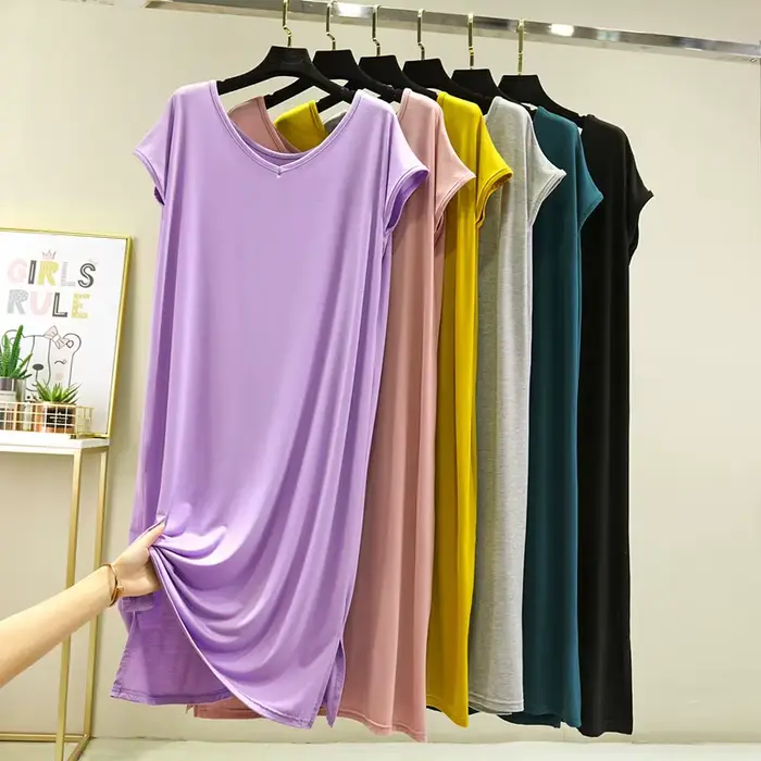 Dámska stredne dlhá nočná košeľa, V-neck, linka A, kolená, pre domov, koniec, leto