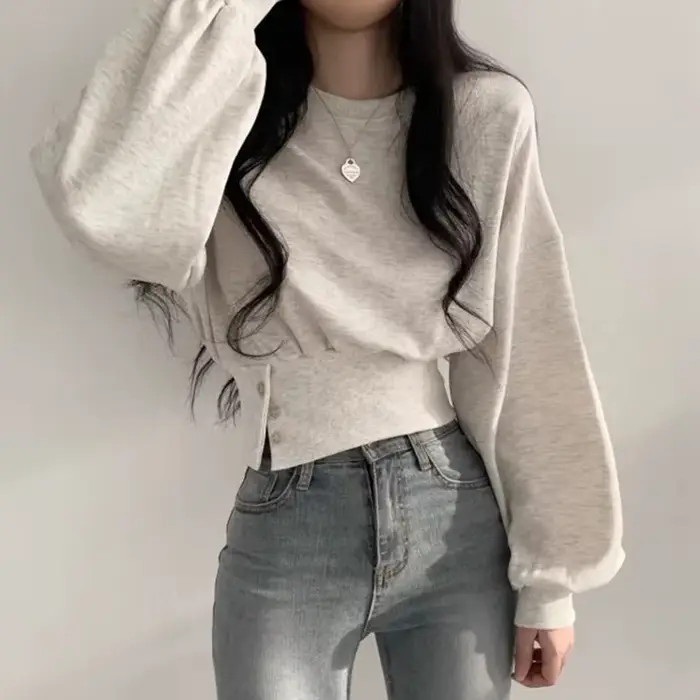PVD-Ulzzang Buttons Design Baggy pour femme, Crop, Sports, Loisirs, Automne, Jeune rue, Esthétique,