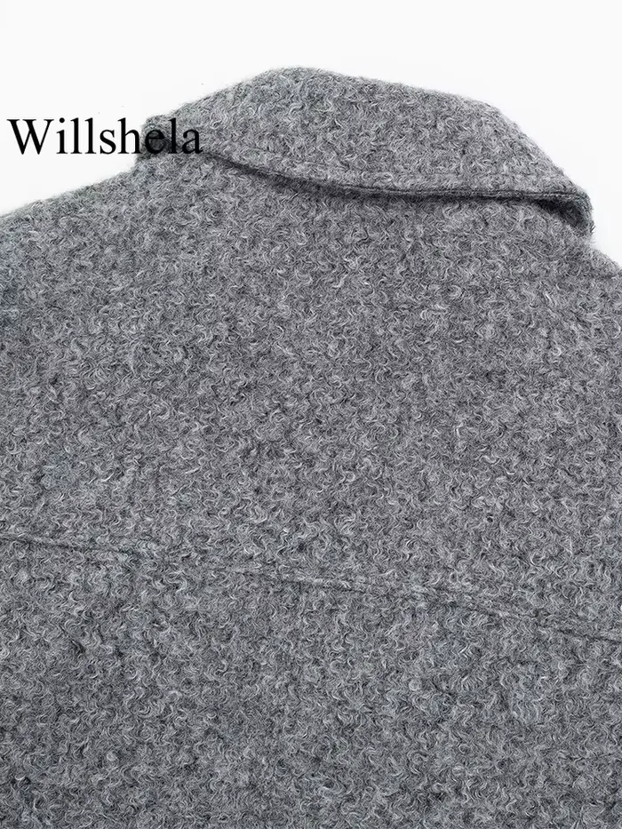 Willshela dámska módna bunda so sivými prednými vreckami na zips Vintage golier dlhé rukávy žena Štýlové oblečenie