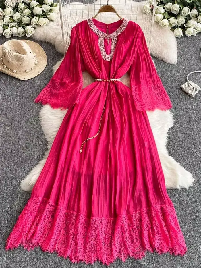 Robe Longue Plissée en Mousseline de Soie pour Femme, Luxueuse, Élégante, Perles de Clip, Ceinture, 