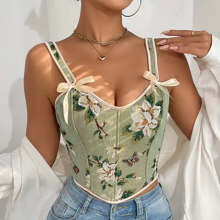 Soutien-gorge sexy à imprimé floral français, style rétro, double bretelle, maintien de la poitrine,