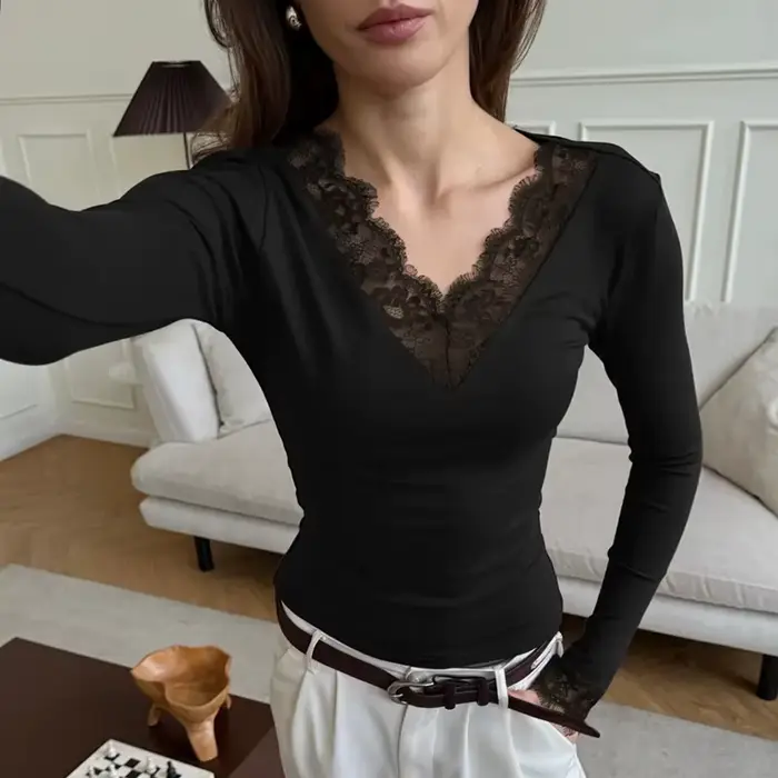 Tornova V-výstrih čipka t malý top ženy Sexy odhalený pupok pulóver móda spájanie dievča horúce Club top na párty