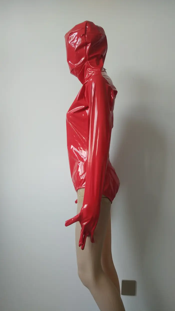 Červená lesklá PVC koženka Sexy trikot pre dospelých, polovica-body Zentai, šaty s dlhým rukávom, party oblek, značka