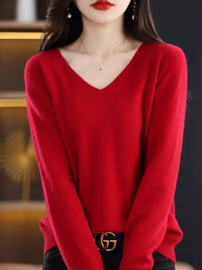 Pull pour femmes 100% laine mérinos col en V pull automne hiver basique chaud pulls à manches longue
