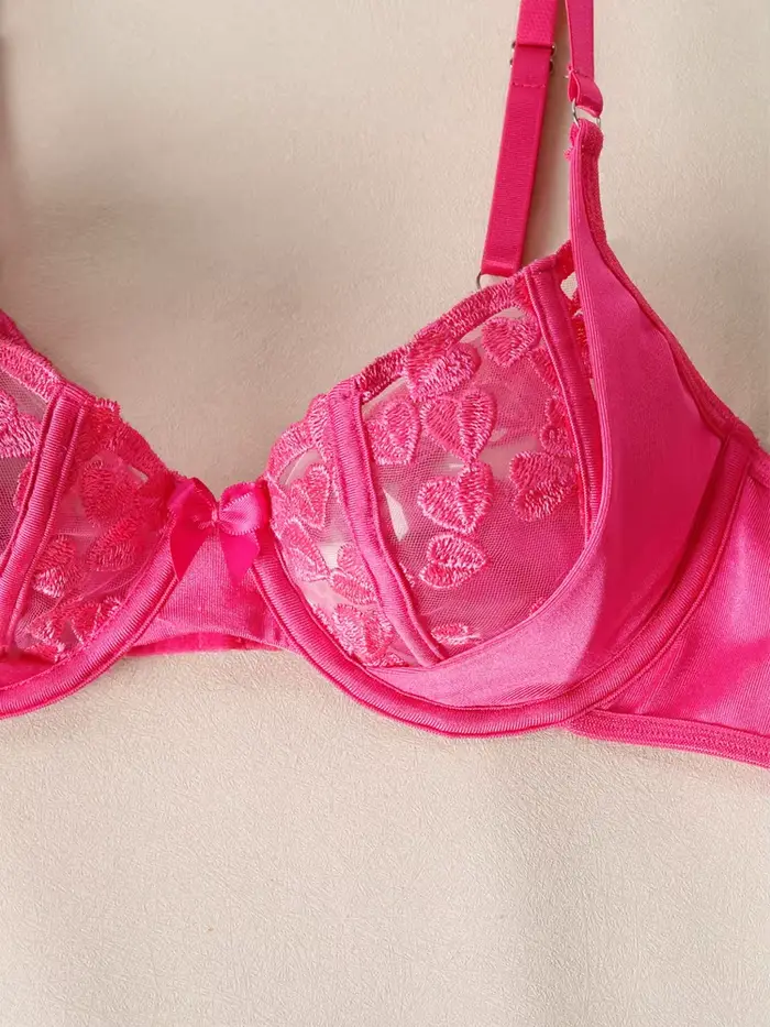 Sada troch vyšívaných sieťovaných spodnej bielizne s červeným srdcom Belamimi, sexy priehľadná podprsenka a podväzok pre ženy