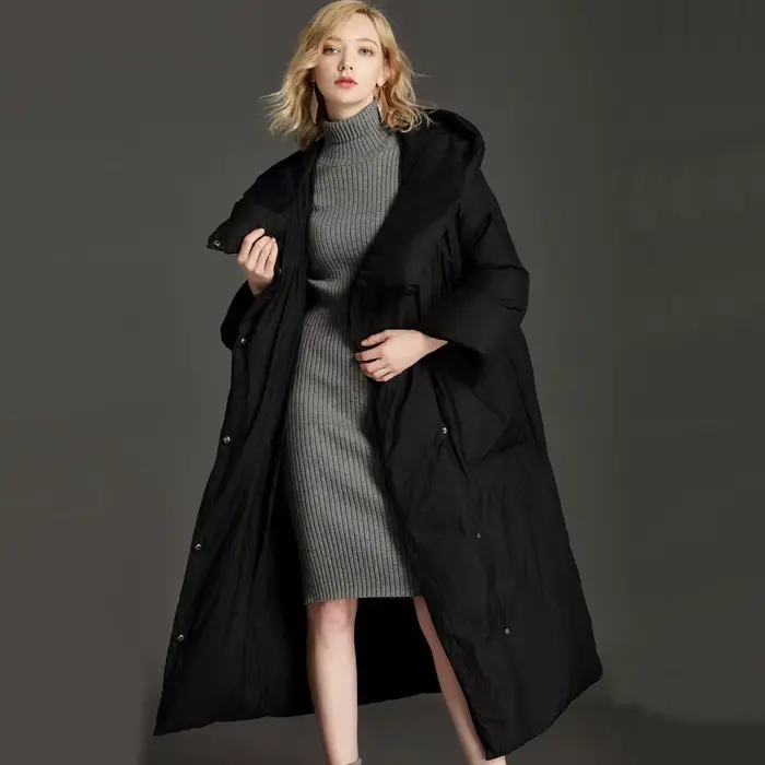 Veste longue et ample en duvet de canard pour femme, manteau avec col d'oreiller et capuche, surdime
