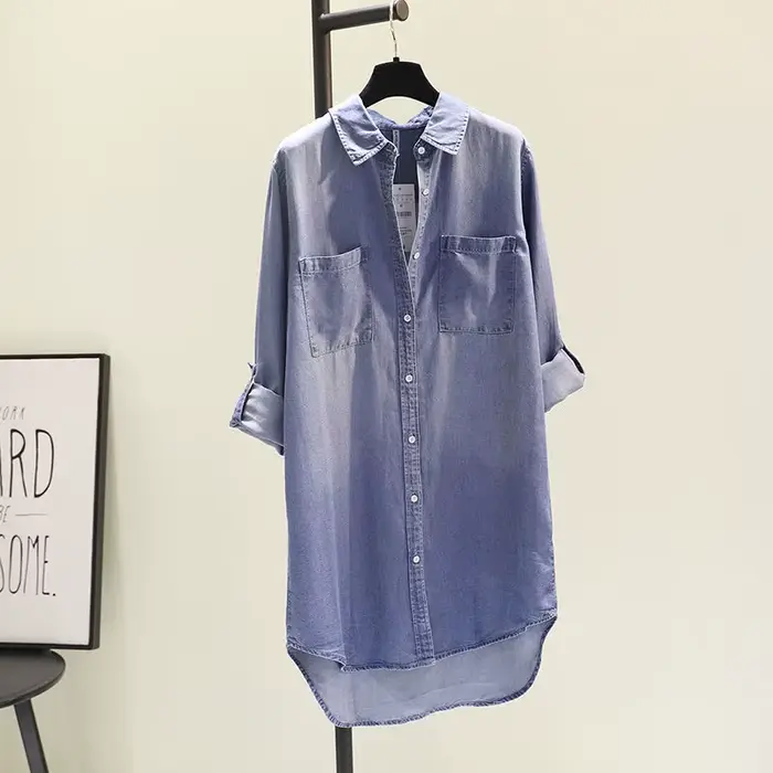 Blúzka v imitácii denim pre ženy, rolák, ležérne, mid-dĺžka, polyester a bavlna, pre späť do školy a domov