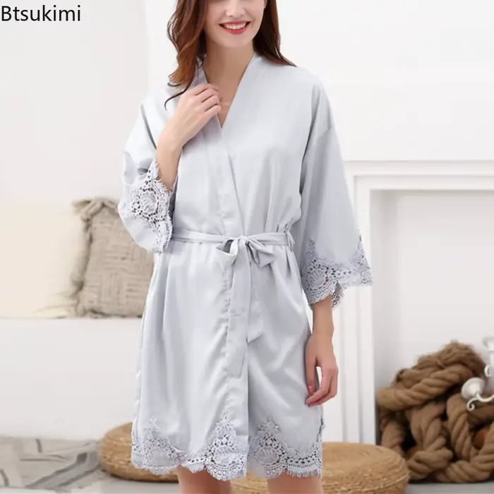Dámske župany, pyžamo, jednofarebné, čipka, svadobné šaty, družičky, Kimono šaty, voľné, hodvábny satén, domáce oblečenie