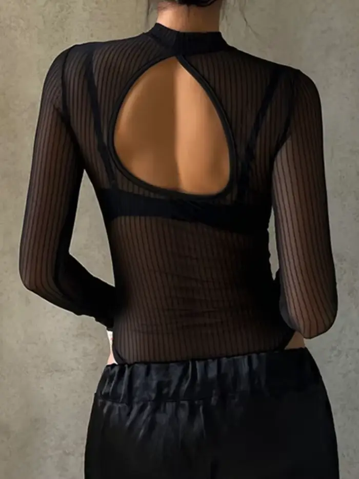 Body transparent à manches longues pour femmes élégant col roulé dos nu sexy lingerie mince ajustement polyester élasthanne pour soirées et sorties