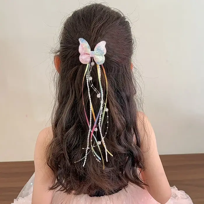 Pince à cheveux à paillettes papillon arc-en-ciel pour enfants, 2 pièces, ruban de perles, pince à c