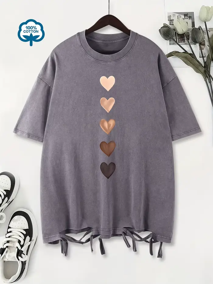 100% coton lavé T-Shirts femmes surdimensionné amour coeur Graffiti imprimé T-Shirts col rond en dét
