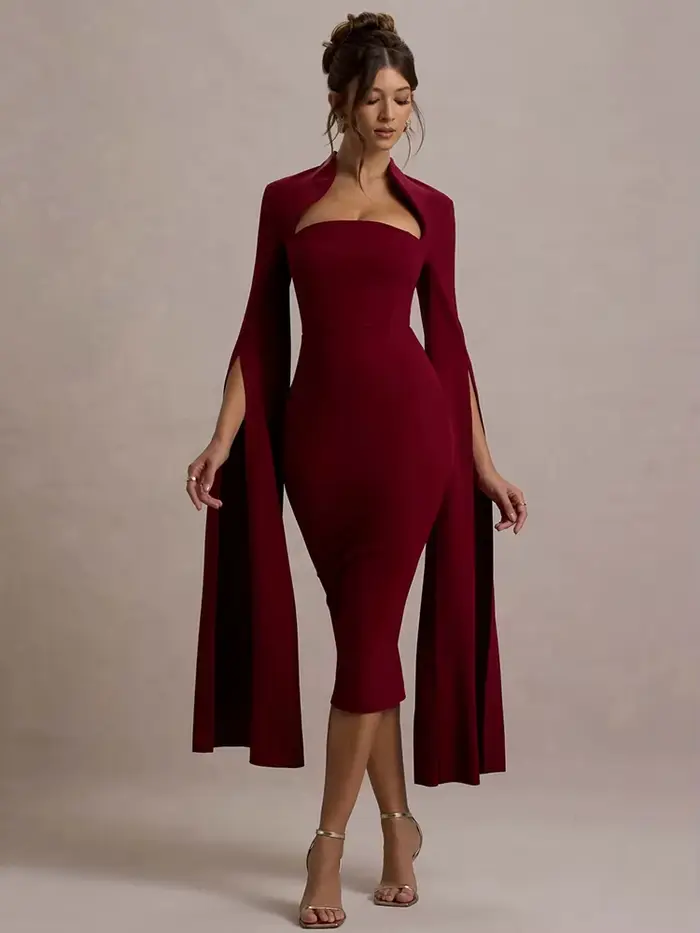 Mozision Cape à manches longues Sexy robe mi-longue pour les femmes automne hiver nouveau col carré 