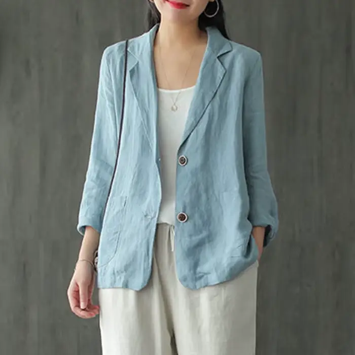 Blazer décontracté en coton et lin pour femmes, vestes fines pour dames, style vintage, solide, docu