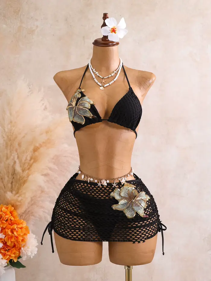 Sexi oranžový 3D kvetinový bikini set pre ženy 2026