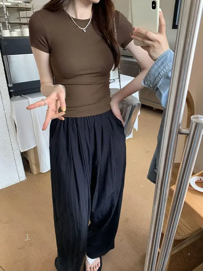 Haut court basique à manches courtes et col rond pour femme, T-shirt slim, décontracté, y2k, Vintage